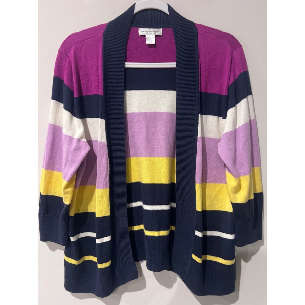 Christopher and Banks Women's Purple Yellow Striped Open Front Cardigan Sweater